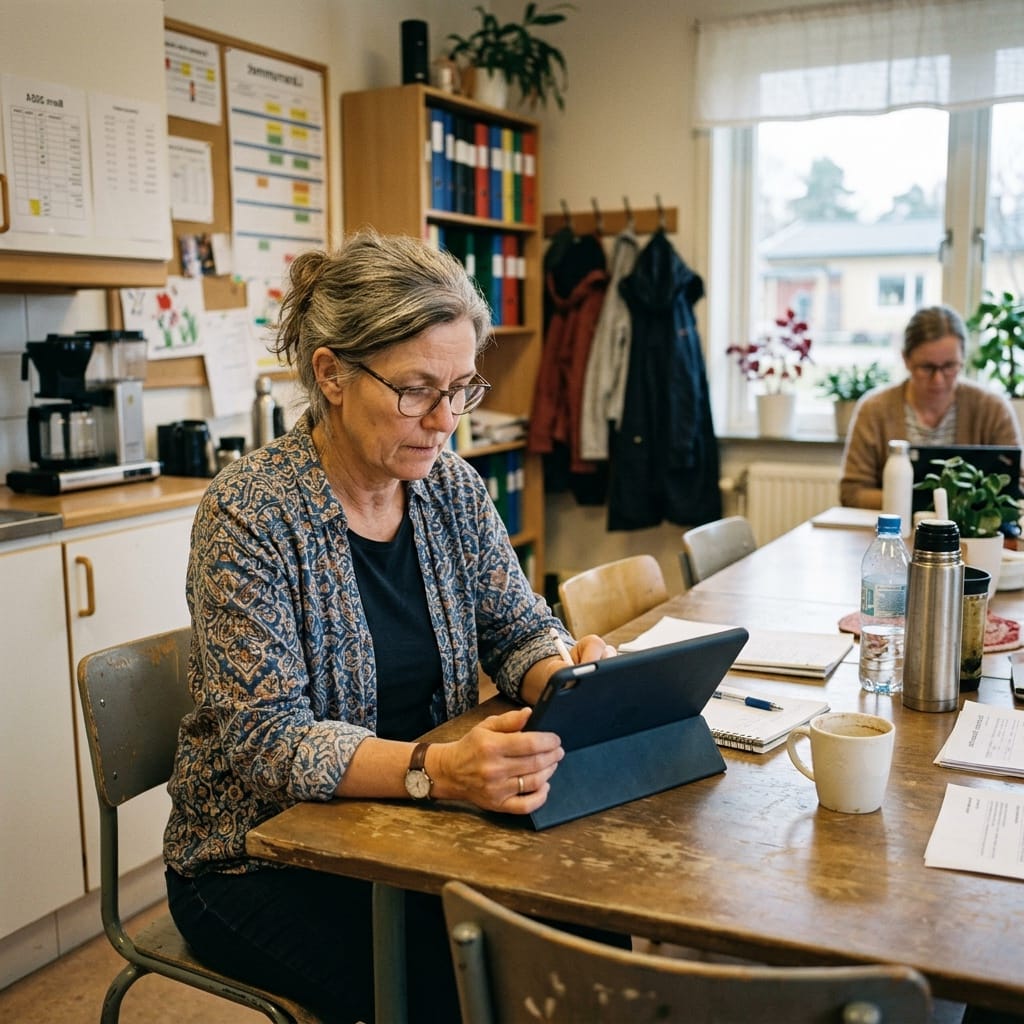 Förskollärare som använder surfplatta i personalrummet