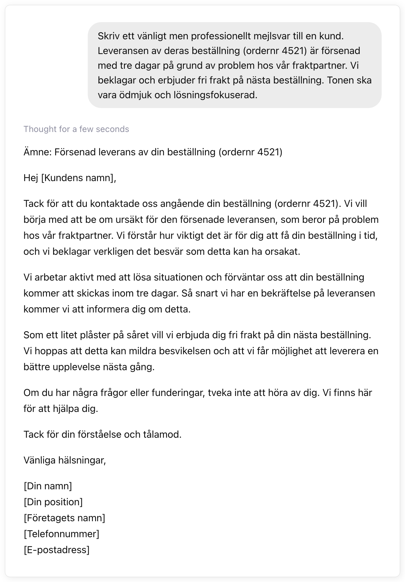 ChatGPT svarar pa prompten